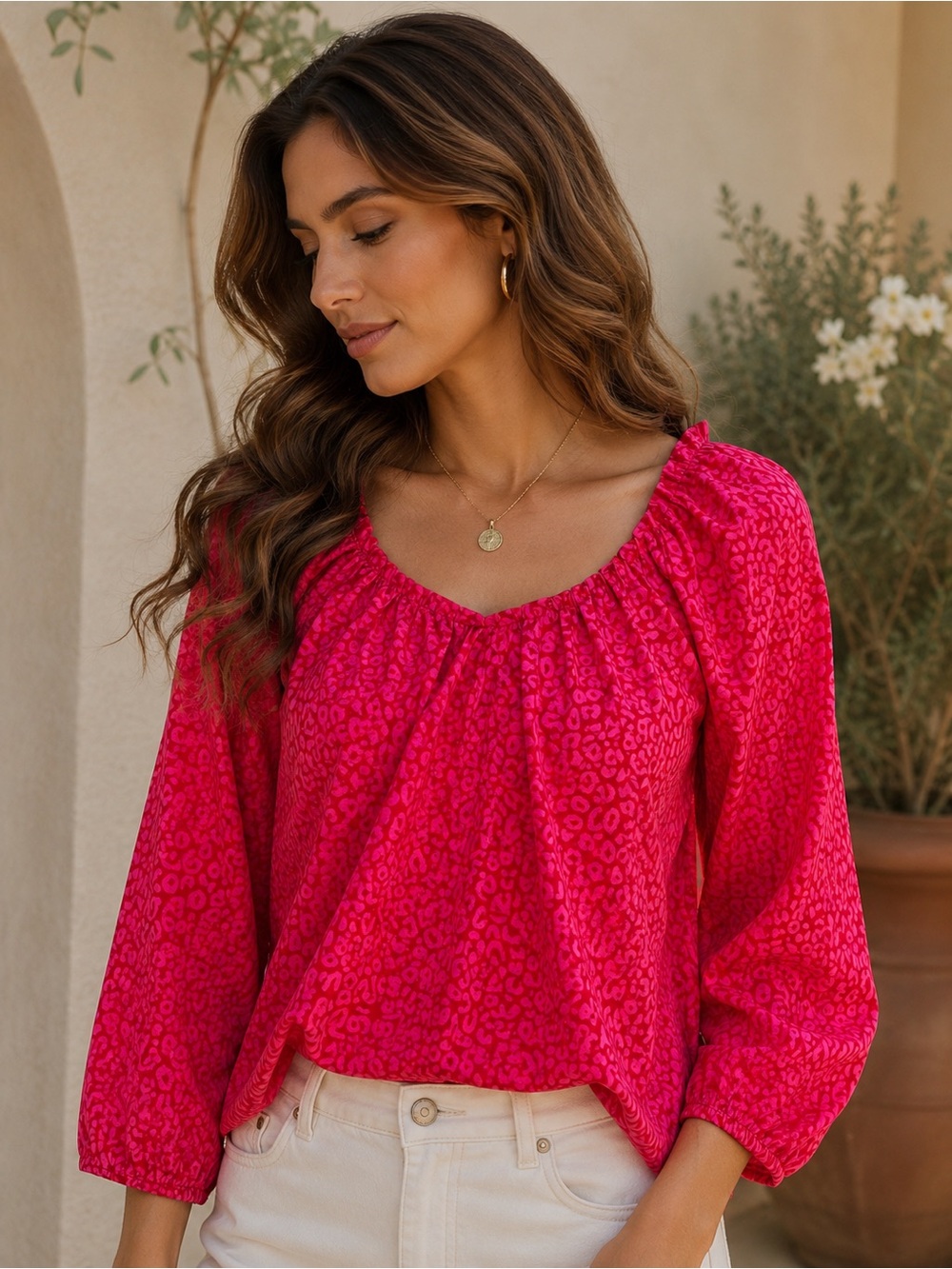 Ann Taylor Bright Fuchsia Leopard-Print Peasant Blouse